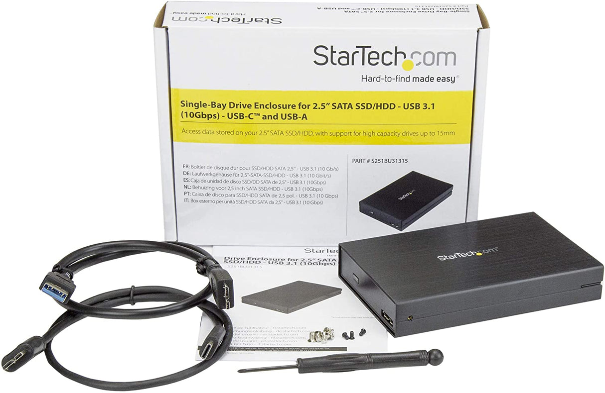 StarTech.com 2.5" SATA USB 3.1 Gen 2 Hard Drive Enclosure - w/ USB Type C and Type A Cables - USB 3.0 backwards compatible (S251BU31315) USB 3.1 (10Gbps) | USB-C &amp; USB-A