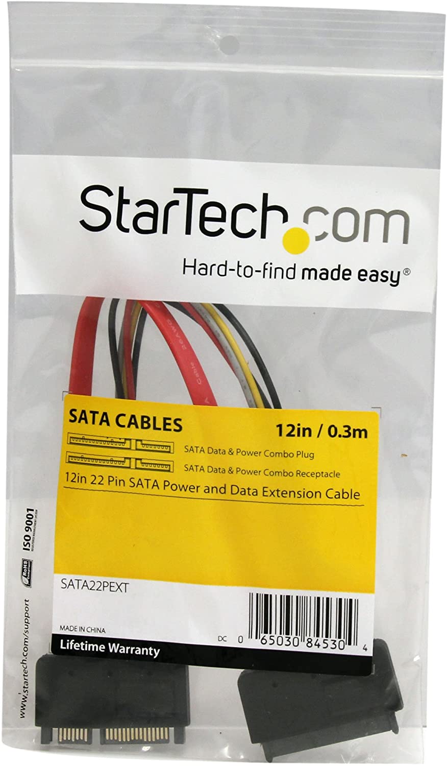 StarTech.com 12in 22 Pin SATA Power and Data Extension Cable - 1ft SATA Data Power Extension - 12 inch SATA Extension (SATA22PEXT), Red