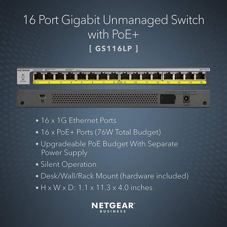 NETGEAR 16-Port Gigabit Ethernet Unmanaged PoE Switch (GS116LP) - with 16 x PoE+ @ 76W Upgradeable, Desktop, Wall Mount or Rackmount, and Limited Lifetime Protection Unmanaged 16 port | 16xPoE+ 76W
