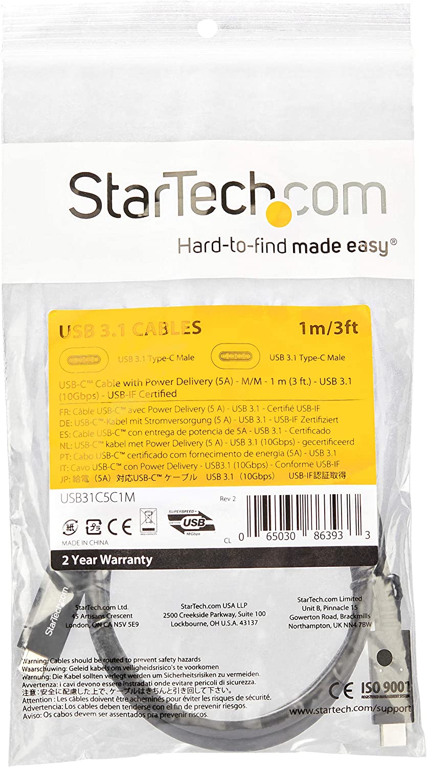 StarTech.com USB C Cable 3 ft / 1m with Power Delivery (USB PD) Power Pass Through Charging USB to USB Cord (USB31C5C1M)