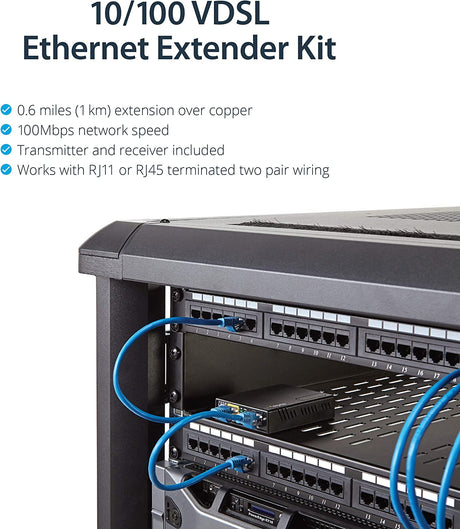 StarTech.com 10/100 Mbps VDSL2 Ethernet Extender Over RJ11 Phone Line Kit - 1km Network Extender - Long Range VDSL Ethernet Extender Over Copper (110VDSLEXT) 0.9"x2.8"x3.7" RJ45