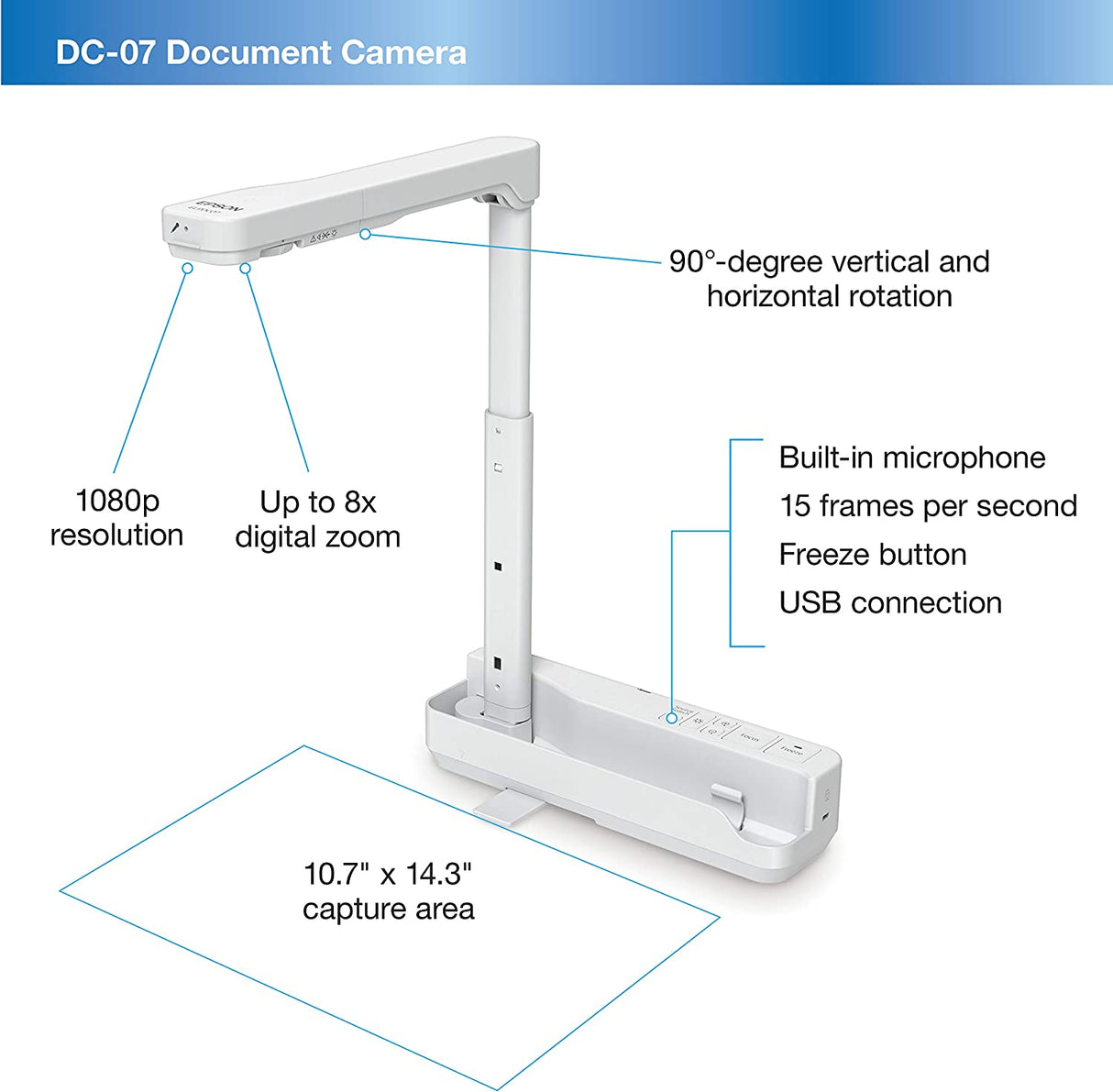 Epson DC-07 Portable Document Camera with USB Connectivity and 1080p Resolution,White DC-07 - 1080p, 8x Digital Zoom