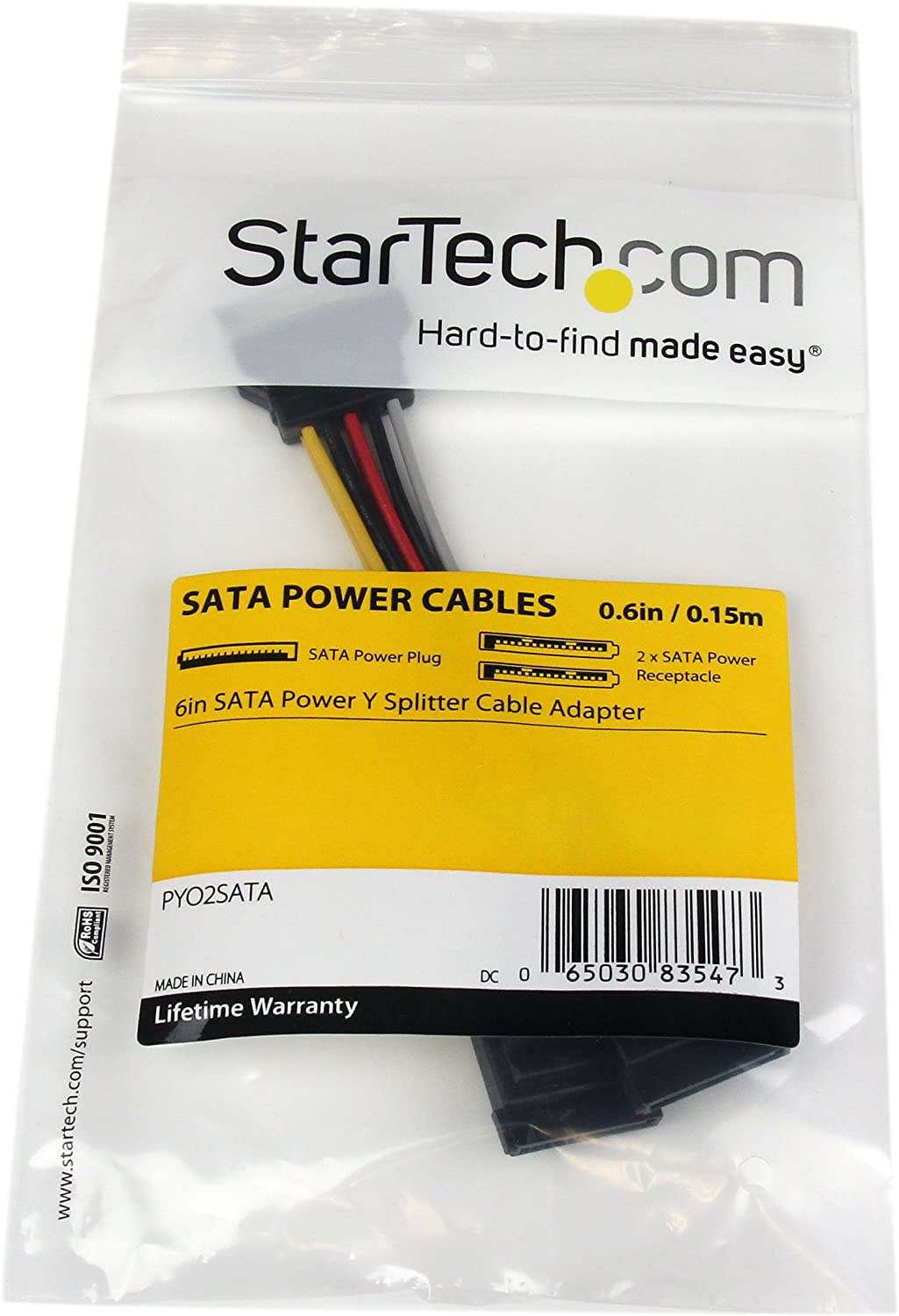 StarTech.com 6in SATA Power Y Splitter Cable Adapter - M/F - Power splitter - SATA power (M) to SATA power (F) - 6 in - PYO2SATA 1 SATA to 2x SATA