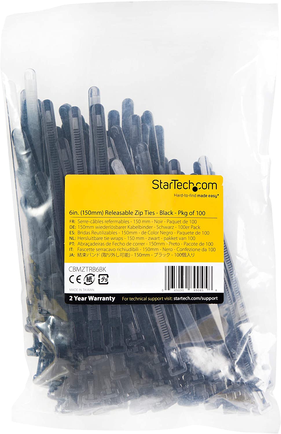 StarTech.com 6"(15cm) Reusable Cable Ties - 1/4"(7mm) Wide, 1-3/8"(35mm) Bundle Dia. 50lb(22kg) Tensile Strength, Releasable Nylon Ties, Indoor/Outdoor, 94V-2/UL Listed, 100 Pack - Black (CBMZTRB6BK) Black 6 in | 50 lbs (22kg) Reusable 100