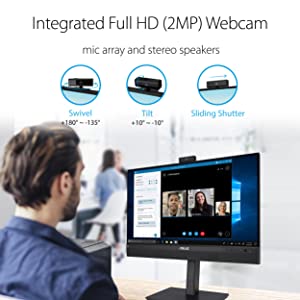 ASUS 23.8” 1080P Video Conferencing Monitor (BE24ECSNK) - Full HD, IPS, Built-in Adjustable 2MP Webcam, AI Noise-canceling Mic, Eye Care, USB-C Docking, RJ45, Height Adjustable, HDMI, Zoom Certified 23.8" FHD Webcam RJ45 USB-C Docking Monitor