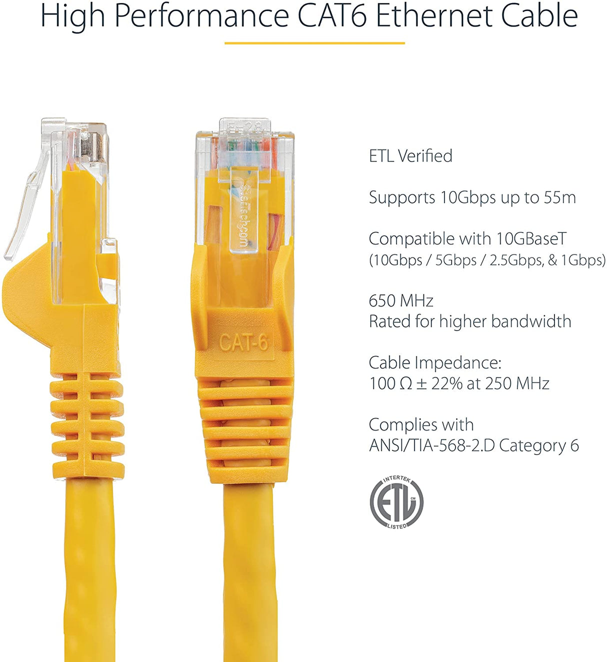 StarTech.com 25ft CAT6 Ethernet Cable - Yellow CAT 6 Gigabit Ethernet Wire -650MHz 100W PoE RJ45 UTP Network/Patch Cord Snagless w/Strain Relief Fluke Tested/Wiring is UL Certified/TIA (N6PATCH25YL) Yellow 25 ft / 7.6 m 1 Pack