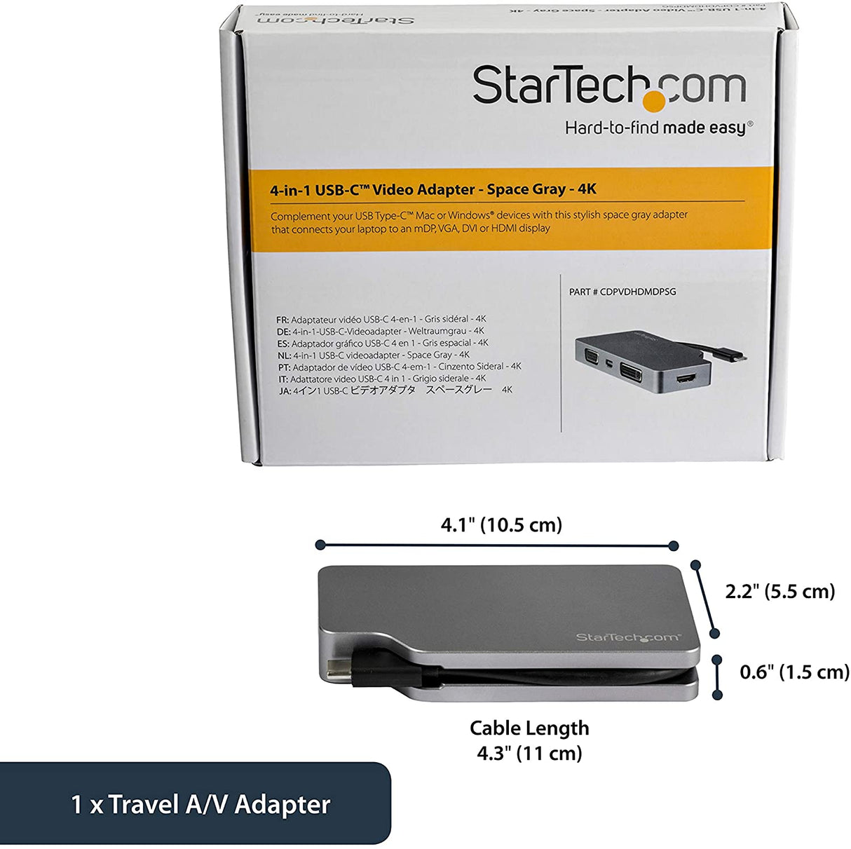 StarTech.com USB C Multiport Video Adapter with HDMI, VGA, Mini DisplayPort or DVI - USB Type C Monitor Adapter to HDMI 1.4 or mDP 1.2 (4K) - VGA or DVI (1080p) - Space Gray Aluminum (CDPVDHDMDPSG) Space Grey