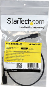 StarTech.com 0.5m 20in Micro-USB Extension Cable - M/F - Micro USB Male to Micro USB Female Cable (USBUBEXT50CM), Black