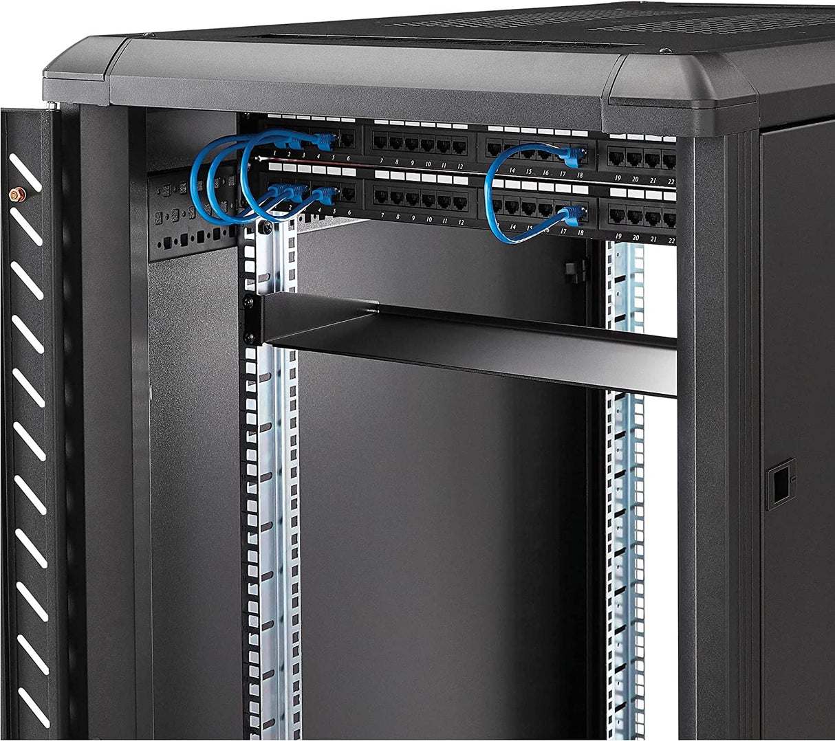 StarTech.com 1U Server Rack Shelf - Universal Rack Mount Cantilever Shelf for 19" Network Equipment Rack &amp; Cabinet - Heavy Duty Steel – Weight Capacity 33lb/15kg - 7" Deep Tray, Black (CABSHELF1U) 7" Depth 1U Rack Shelf