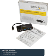 StarTech.com USB C to Ethernet Adapter - 3 Port - with Power Delivery (USB PD) - Power Pass Through Charging - USB C Adapter (US1GC303APD) Black Laptop Charging w/ 3x USB-A