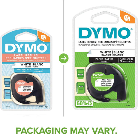 DYMO LetraTag Labeling Tape, Label Makers, Black Print on White Paper, 1/2" W x 13' L, 1 Cassette