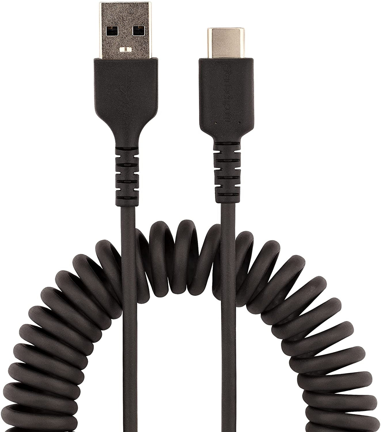 StarTech.com 3ft (1m) USB A to C Charging Cable, Coiled Heavy Duty Fast Charge &amp; Sync USB-C Cable, USB 2.0 A to Type-C Cable, Rugged Aramid Fiber, Durable Male to Male USB, Black (R2ACC-1M-USB-CABLE)