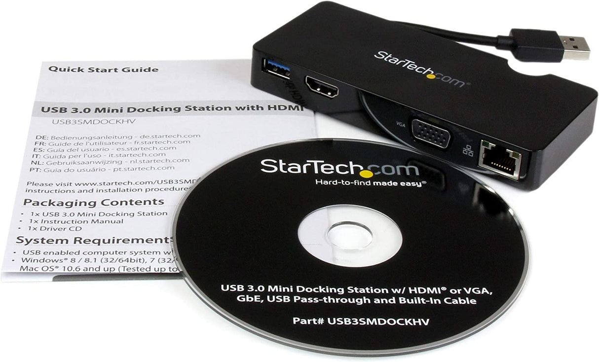 StarTech.com USB 3.0 to HDMI or VGA Adapter Dock - USB 3.0 Mini Docking Station w/ USB, GbE Ports - Portable Universal Laptop Travel Hub (USB3SMDOCKHV) 1x USB-A 3.0 | HDMI, VGA