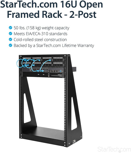 StarTech.com 16U Open Frame Network Rack - 19" 2 Post Free Standing Desktop Rack for Computer, AV, Media, IT Equipment for Server Room (2POSTRACK16) Black 16U 16u Rack