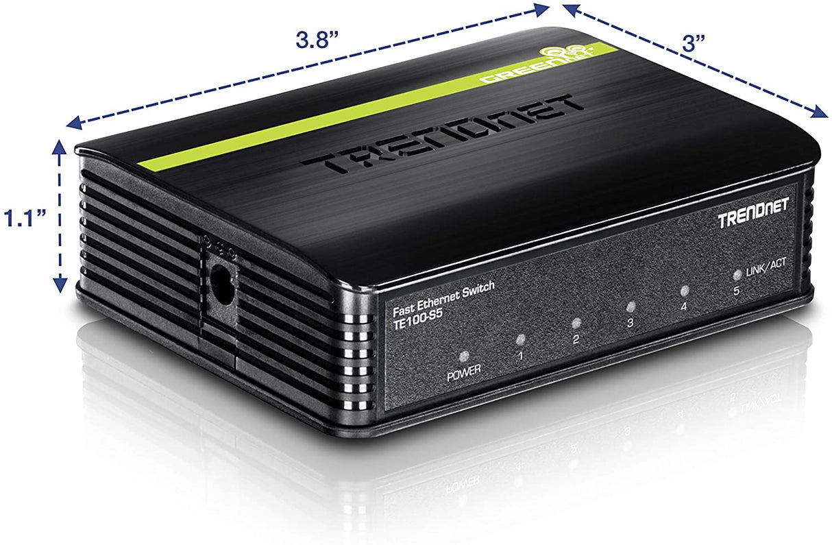 TRENDnet 5-Port Unmanaged 10/100 Mbps GREENnet Ethernet Desktop Plastic Housing Switch, 5 X 10/100 Mbps Ports, 1Gbps Switching Capacity, TE100-S5 5-Port Fast Ethernet