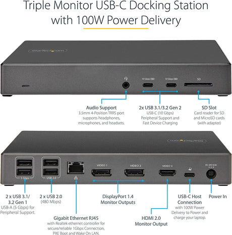 StarTech.com USB C Dock - Triple 4K Monitor USB Type-C Docking Station - 100W Power Delivery - DP 1.4 Alt Mode &amp; DSC, 2x DisplayPort 1.4/HDMI 2.0 - 6xUSB (2x 10Gbps), SD - Windows/Chrome (DK31C2DHSPD)