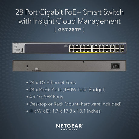 NETGEAR 28-Port PoE Gigabit Ethernet Smart Switch (GS728TP) - Managed, Optional Insight Cloud Management, 24 x PoE+ @ 190W, 4 x 1G SFP, Desktop or Rackmount, and Limited Lifetime Protection 28 port | 24xPoE+ 190W | 4xSFP