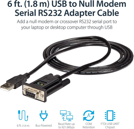 StarTech.com USB to Serial RS232 Adapter - DB9 Serial DCE Adapter Cable with FTDI – Null Modem - USB 1.1 / 2.0 – Bus-Powered (ICUSB232FTN) 921.6 Kbps / Null Modem Null Modem