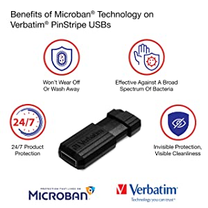Verbatim 64GB PinStripe Retractable USB 2.0 Flash Thumb Drive with Microban Antimicrobial Product Protection – Business 10pk – Black 64GB 10PK