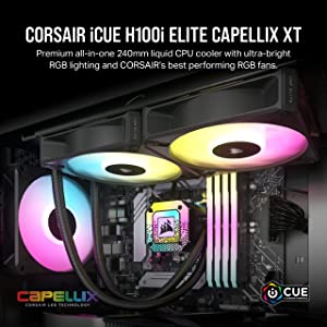 Corsair iCUE H100i Elite CAPELLIX XT Liquid CPU Cooler - Two AF120 RGB Elite Fans - 240mm Radiator - Intel® LGA 1700, 1200, 115X, 2066, AMD® AM5, AM4 - Included iCUE Commander CORE - Black