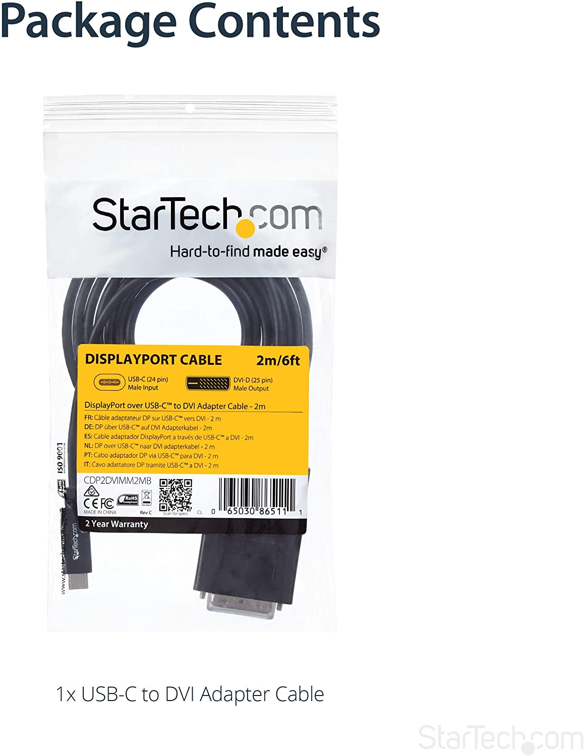 StarTech.com USB-C to DVI Cable - 6 ft / 2m - 1080p - 1920x1200 - USB-C DVI Monitor Cable - USB C Cable - Computer Monitor Cable (CDP2DVIMM2MB) 6.6 feet