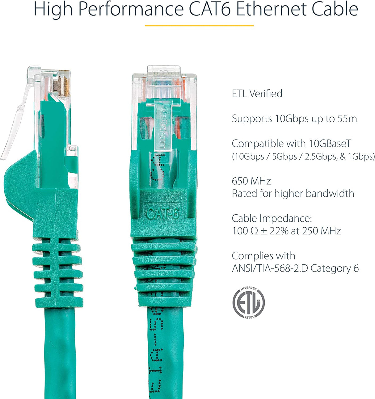 StarTech.com 1ft CAT6 Ethernet Cable - Green CAT 6 Gigabit Ethernet Wire -650MHz 100W PoE RJ45 UTP Network/Patch Cord Snagless w/Strain Relief Fluke Tested/Wiring is UL Certified/TIA (N6PATCH1GN) Green 1 ft / 0.3 m 1 Pack
