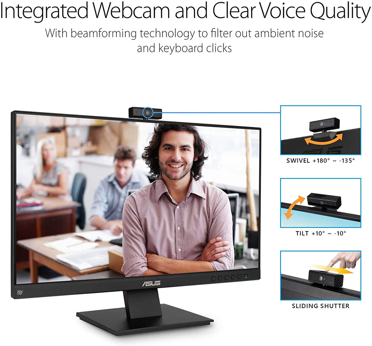 ASUS BE24EQK 23.8” Business Monitor with Webcam, 1080P Full HD IPS, Eye Care, DisplayPort HDMI, Frameless, Built-in Adjustable 2MP Webcam, Mic Array, Stereo Speaker, Video Conference 23.8" IPS w/Webcam &amp; DisplayPort