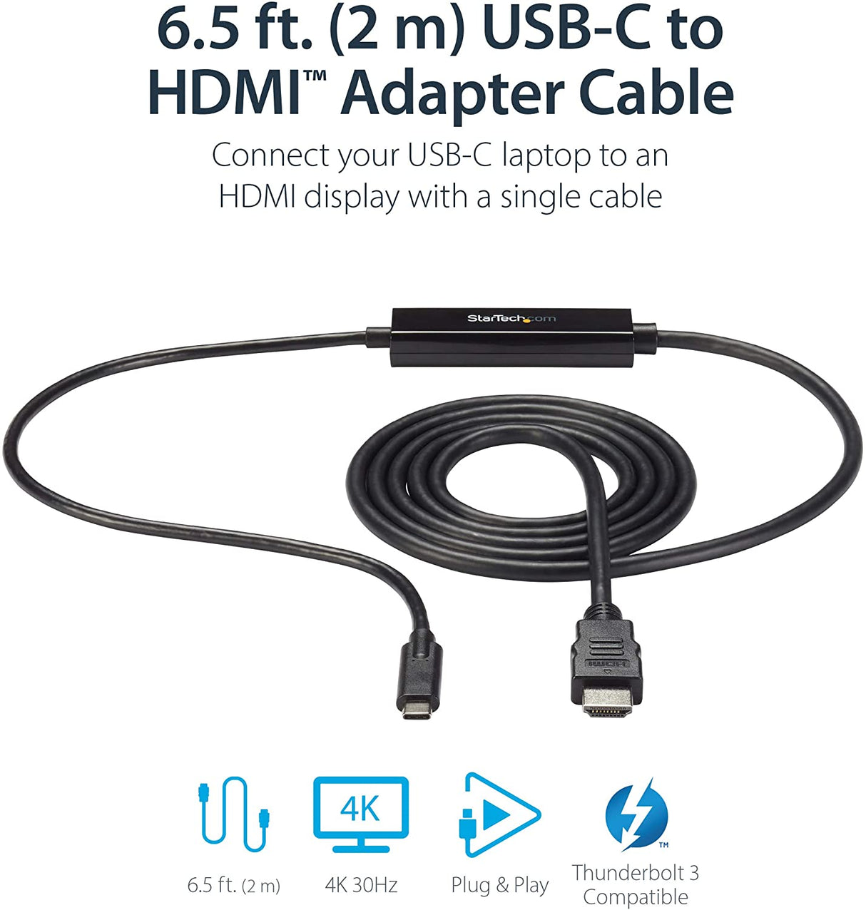 StarTech.com 6ft USB-C to HDMI Cable - USB Type-C to HDMI Adapter Cable - 4K 30Hz - Black (CDP2HDMM2MB) - Limited stock, see similar item CDP2HD2MBNL Black 6 ft / 2m