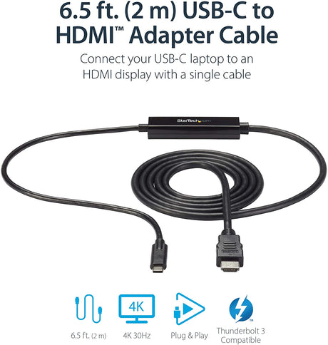 StarTech.com 6ft USB-C to HDMI Cable - USB Type-C to HDMI Adapter Cable - 4K 30Hz - Black (CDP2HDMM2MB) - Limited stock, see similar item CDP2HD2MBNL Black 6 ft / 2m