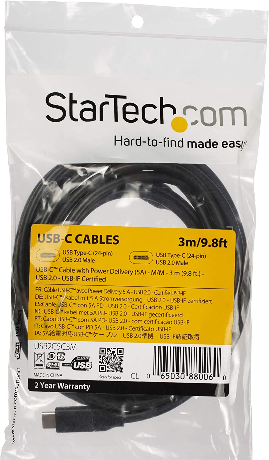 StarTech.com USB C To USB C Cable - 10 ft / 3m - USB-IF Certified - 5A PD - USB 2.0 - USB Type C Charging Cable - USB C Fast Charge Cable (USB2C5C3M) Black 10 ft/ 3 m