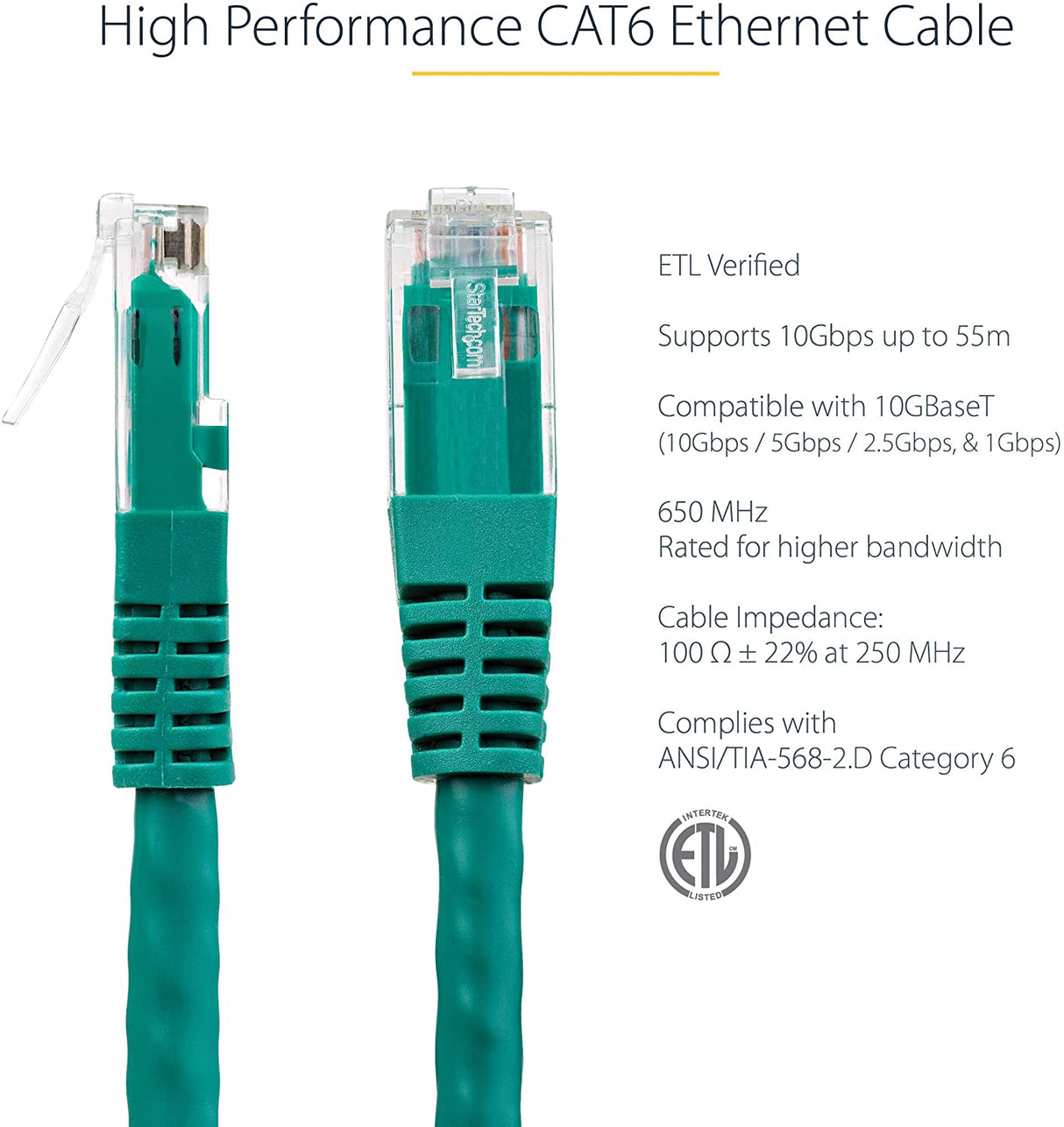 StarTech.com 12ft CAT6 Ethernet Cable - Green CAT 6 Gigabit Ethernet Wire -650MHz 100W PoE++ RJ45 UTP Molded Category 6 Network/Patch Cord w/Strain Relief/Fluke Tested UL/TIA Certified (C6PATCH12GN) Green 12 ft / 3.6 m 1 Pack