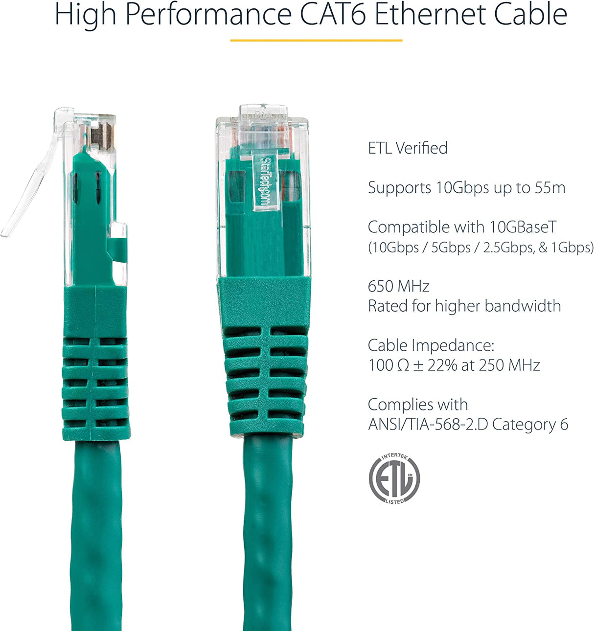 StarTech.com 75ft CAT6 Ethernet Cable - Green CAT 6 Gigabit Ethernet Wire -650MHz 100W PoE++ RJ45 UTP Molded Category 6 Network/Patch Cord w/Strain Relief/Fluke Tested UL/TIA Certified (C6PATCH7GN) Green 7 ft / 2.1 m 1 Pack