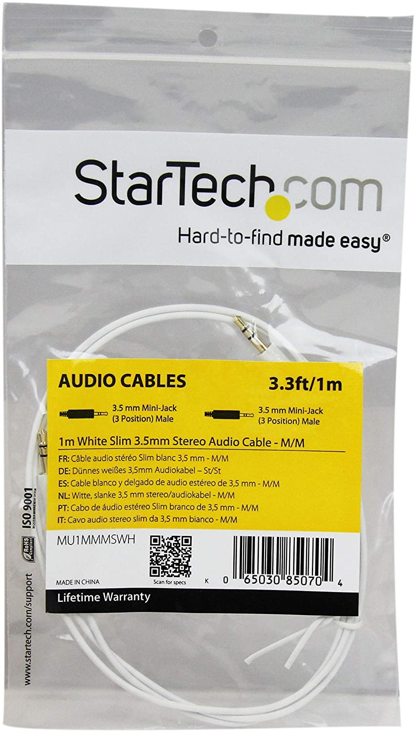 StarTech.com 1m White Slim 3.5mm Stereo Audio Cable - 3.5mm Audio Aux Stereo - Male to Male Headphone Cable - 2x 3.5mm Mini Jack (M) White (MU1MMMSWH)