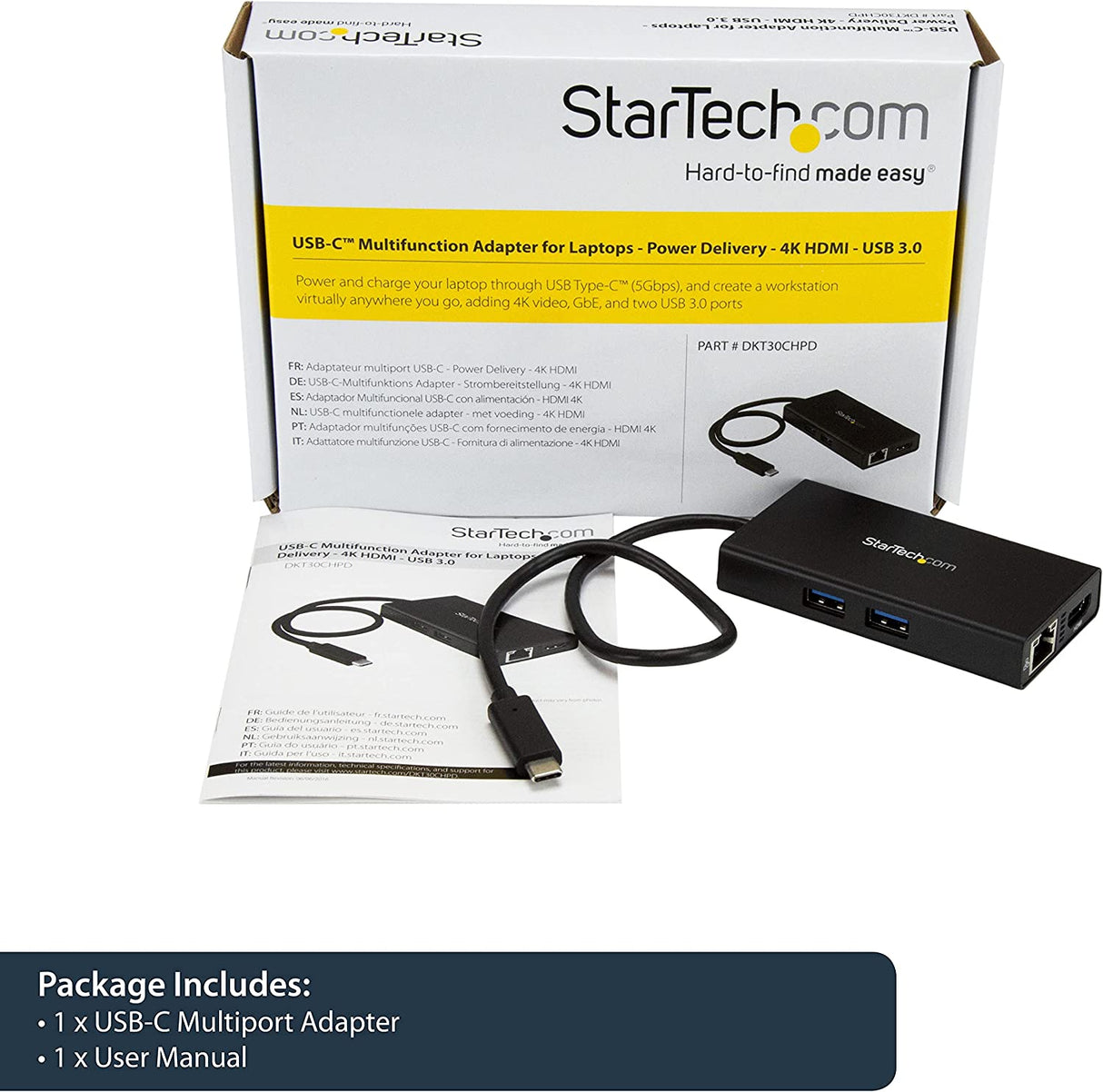 StarTech.com USB-C Multiport Adapter - USB-C Travel Docking Station with 4K HDMI - 60W Power Delivery Pass-Through, GbE, 2pt USB-A 3.0 Hub - Portable Mini USB Type-C Dock for Laptop (DKT30CHPD) Black 2x USB-A 3.0 | GbE