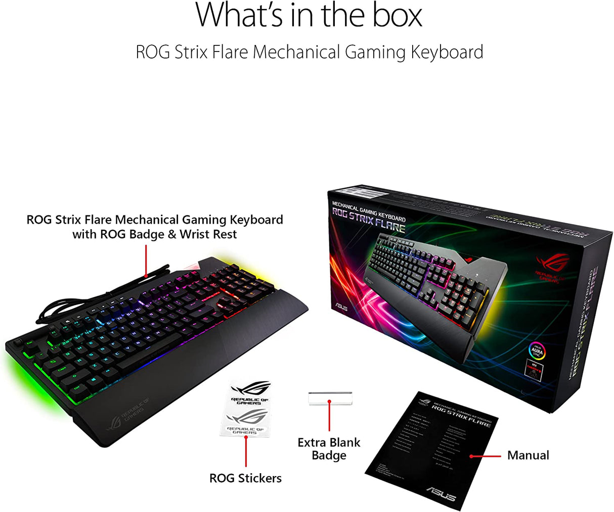 ASUS ROG Strix Flare (Cherry MX Red) Aura Sync RGB Mechanical Gaming Keyboard with Switches, Customizable Badge, USB Pass Through and Media Controls
