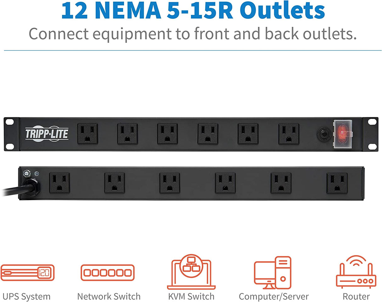 Tripp Lite RS1215-RA Rackmount Network-Grade PDU Power Strip, 12 Right Angle Outlets Wide-Spaced, 15A, 15ft Cord w/ 5-15P Plug,, Black 15A + Right Angle Outlet Single