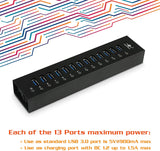 Vantec 13-Port USB 3.0 Aluminum Hub (All Data/Charging BC 1.2), 12V/5A Premium Power Adapter