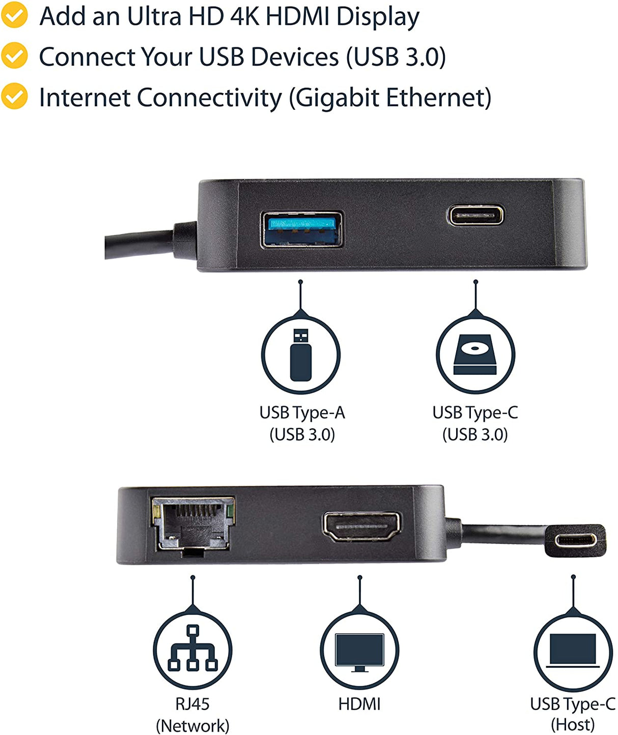 StarTech.com USB C Multiport Adapter - Portable USB-C Mini Dock 4K HDMI Video - Gigabit Ethernet, USB 3.0 Hub (1x USB-A 1x USB-C) - USB Type-C Multiport Adapter - Thunderbolt 3 Compatible (DKT30CHD) 1x USB-A 3.0 | 1x USB C-(5Gbps) | HDMI