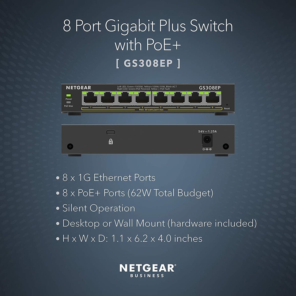 NETGEAR 8 Port PoE Gigabit Ethernet Plus Switch (GS308EP) - with 8 x PoE+ @ 62W, Desktop or Wall Mount Plus 8 Port | 8xPoE+ 62W