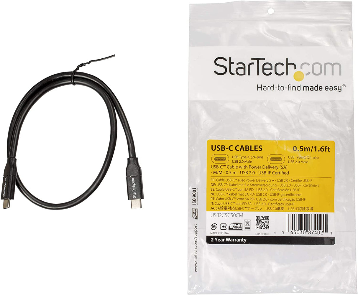 StarTech.com USB C to USB C Cable - 1.5 ft / 0.5m - 5A PD - White - USB 2.0 - USB-IF Certified - USB Type C Cable - USB C Charging Cable (USB2C5C50CM) Black 1.5 ft/ 0.5 m