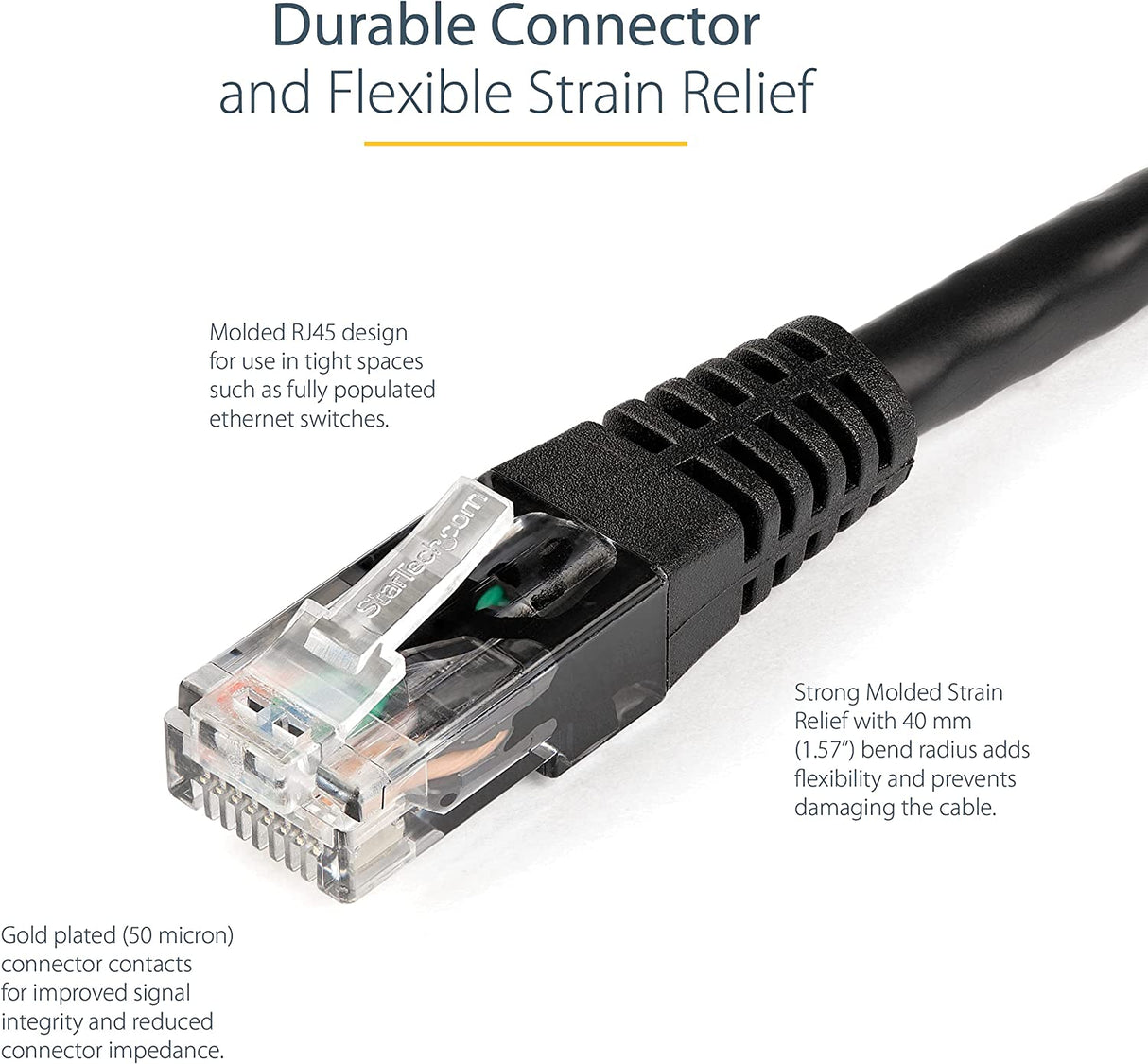 StarTech.com 50ft CAT6 Ethernet Cable - Black CAT 6 Gigabit Ethernet Wire -650MHz 100W PoE++ RJ45 UTP Molded Category 6 Network/Patch Cord w/Strain Relief/Fluke Tested UL/TIA Certified (C6PATCH50BK) Black 50 ft / 15 m 1 Pack