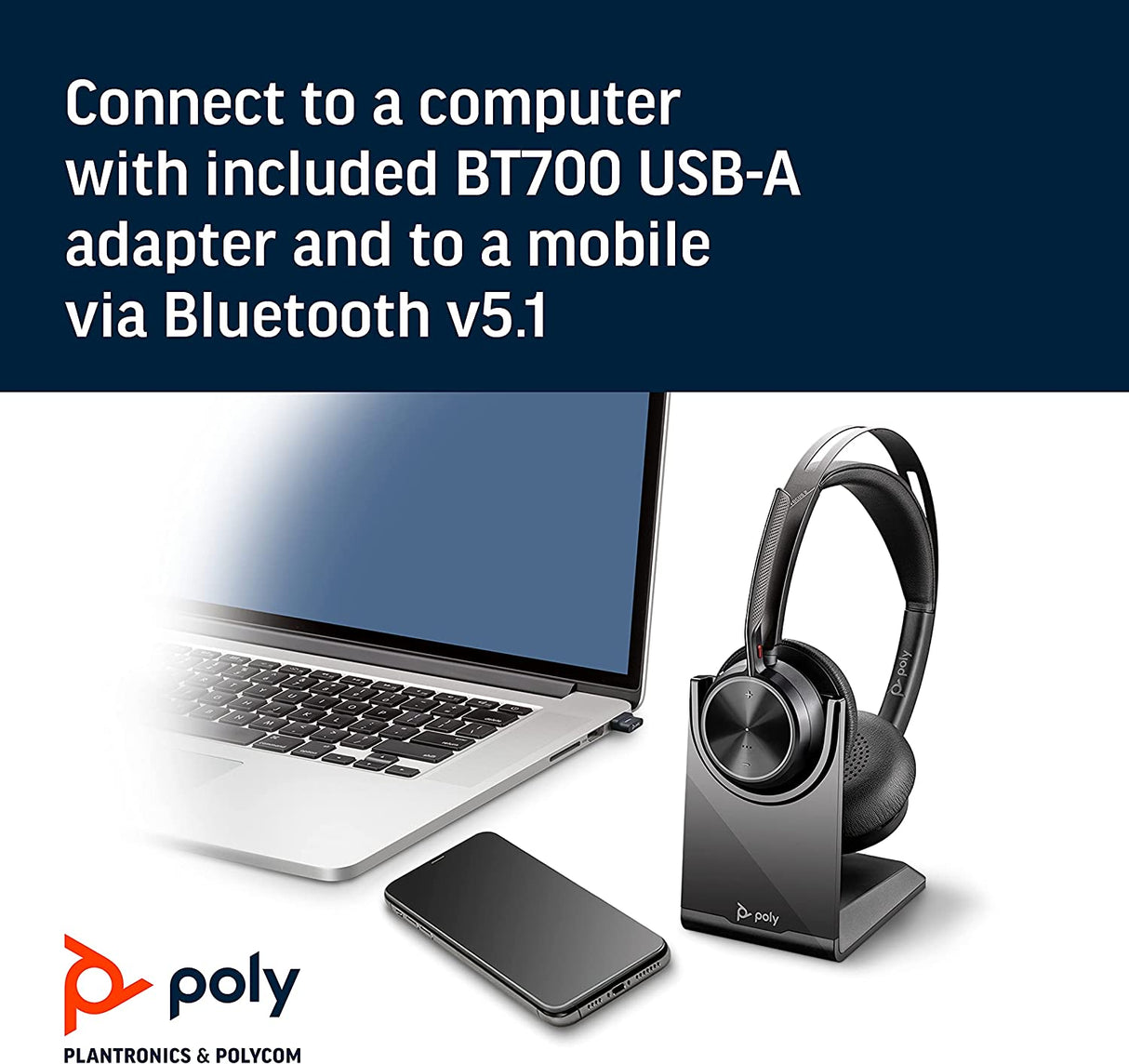 Poly - Voyager Focus 2 UC USB-A Headset with Stand (Plantronics) - Bluetooth Stereo Headset with Boom Mic - USB-A PC/Mac Compatible - Active Noise Canceling - Works with Teams (Certified), Zoom &amp; more Headset + Charge Stand, Teams Version