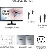 ASUS VP229Q 21.5” Monitor, 1080P Full HD, 75Hz, IPS, FreeSync/Adaptive-Sync, Eye Care, HDMI DisplayPort VGA, Frameless, VESA Wall Mountable BLACK 21.5" IPS FHD 75Hz Speakers DisplayPort