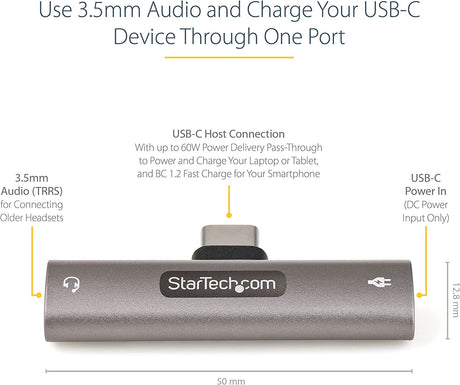 StarTech.com USB C Audio &amp; Charge Adapter - USB-C Audio Adapter w/ 3.5mm TRRS Headphone/Headset Jack and 60W USB Type-C Power Delivery Pass-through Charger - For USB-C Phone/Tablet/Laptop (CDP235APDM) w/ 3.5mm audio + 60W Charge