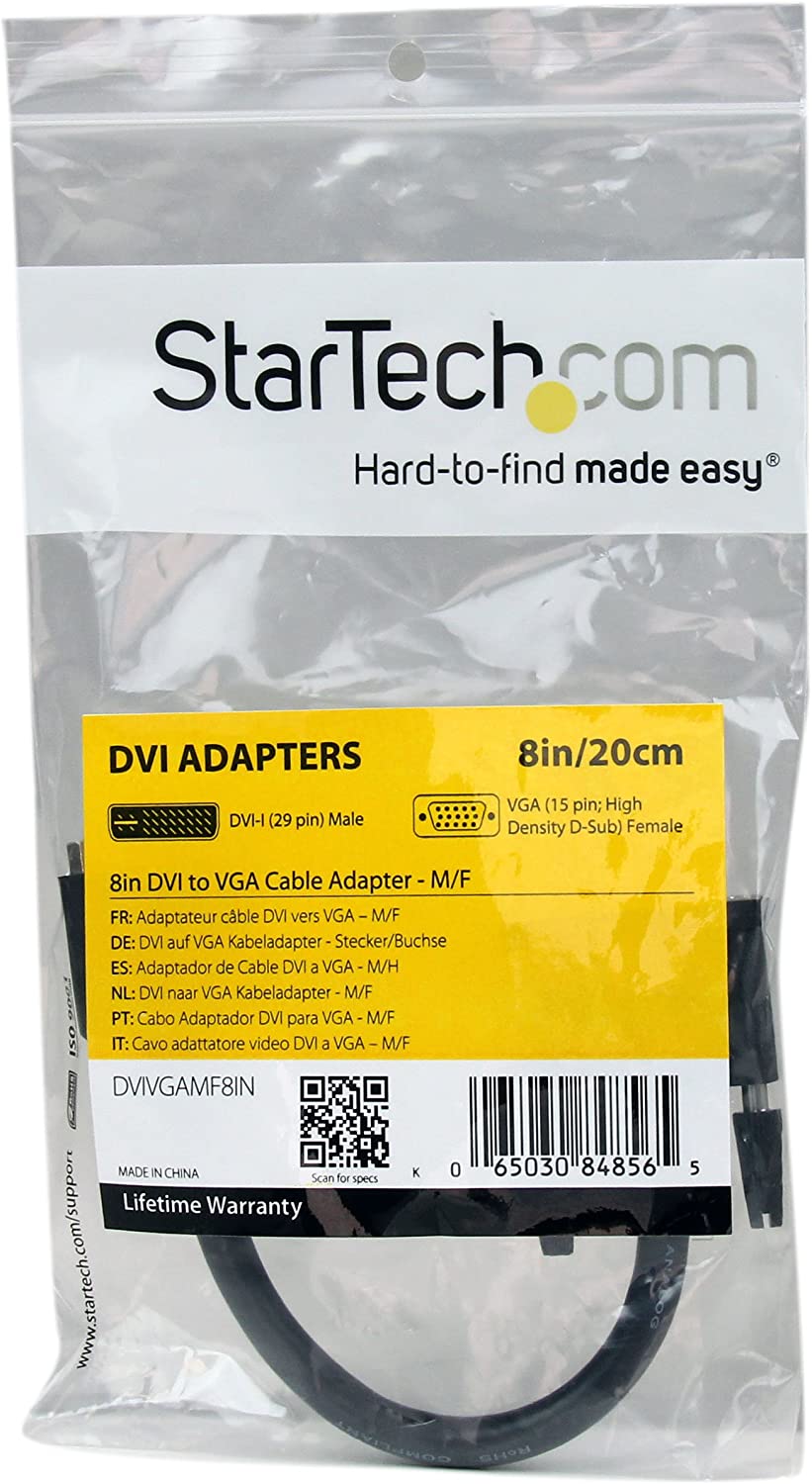 StarTech.com 8in DVI to VGA Cable Adapter - DVI-I Male to VGA Female Dongle Adapter (DVIVGAMF8IN) Black DVI Male to VGA Female (Cable)