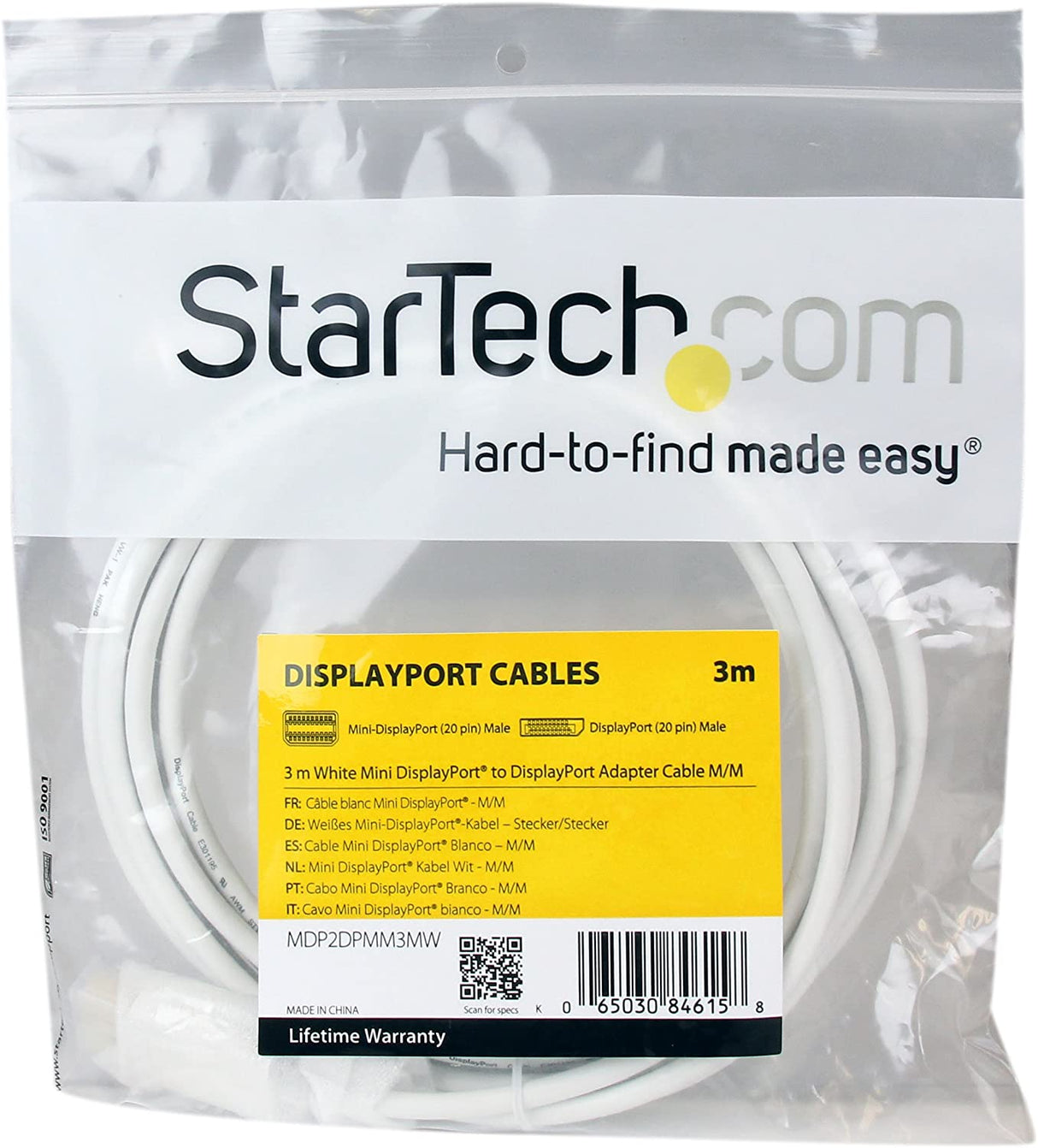 StarTech.com 3m 10 ft White Mini DisplayPort to DisplayPort 1.2 Adapter Cable M/M - DisplayPort 4k with HBR2 Support - Mini DP to DP Cable (MDP2DPMM3MW) 10 ft / 3 m White