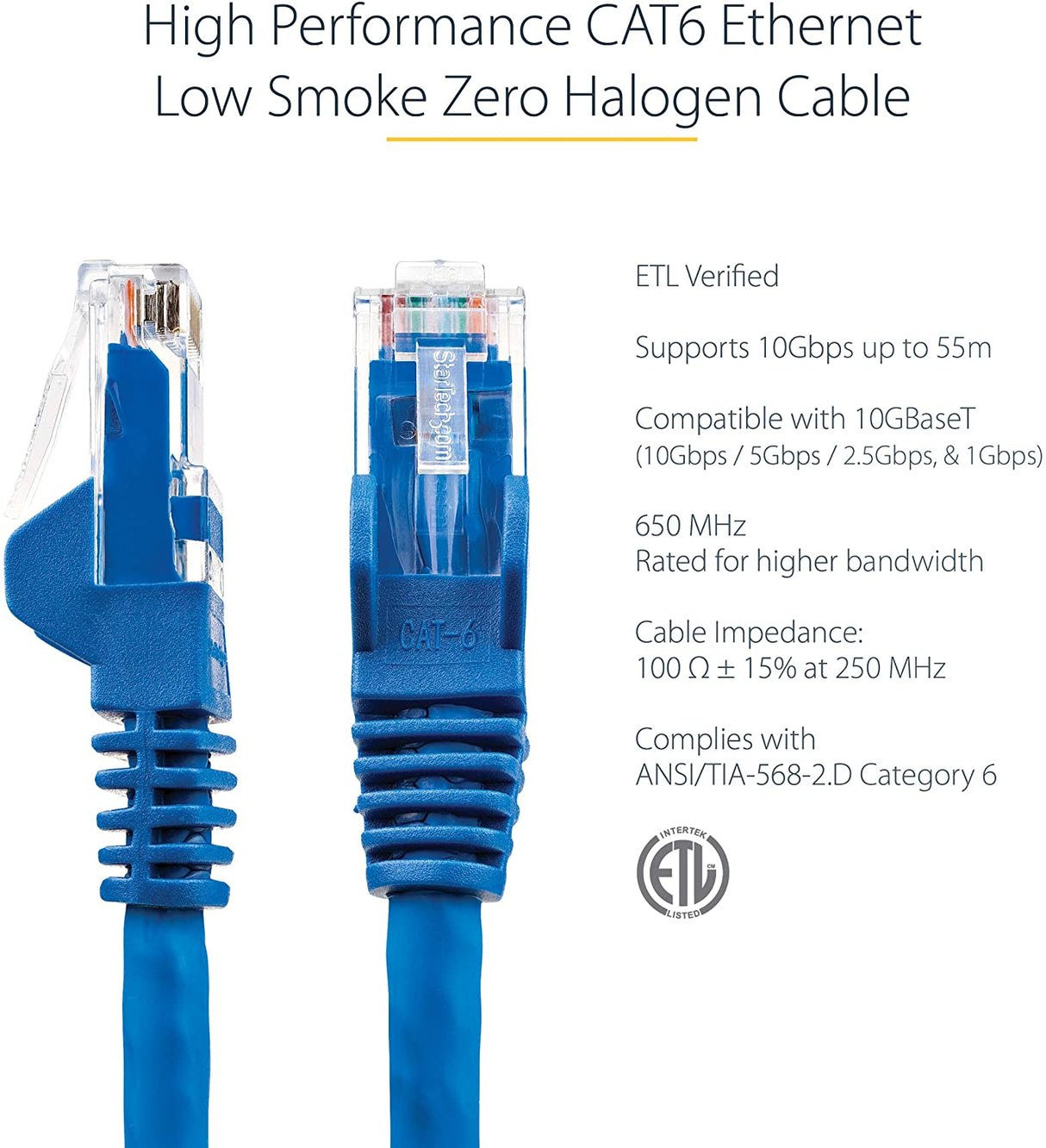 Startech 3ft (90cm) CAT6 Ethernet Cable - LSZH (Low Smoke Zero Halogen) - 10 Gigabit 650MHz 100W PoE RJ45 UTP Network Patch Cord Snagless w/Strain Relief - Blue CAT 6, ETL Verified (N6LPATCH3BL) 3 ft Blue