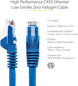 Startech 6ft (1.8m) CAT6 Ethernet Cable - LSZH (Low Smoke Zero Halogen) - 10 Gigabit 650MHz 100W PoE RJ45 UTP Network Patch Cord Snagless w/Strain Relief - Blue CAT 6, ETL Verified (N6LPATCH6BL) 6 ft Blue