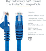 Startech 15ft (4.6m) CAT6 Ethernet Cable - LSZH (Low Smoke Zero Halogen) - 10 Gigabit 650MHz 100W PoE RJ45 UTP Network Patch Cord Snagless w/Strain Relief - Blue CAT 6, ETL Verified (N6LPATCH15BL) 15 ft Blue