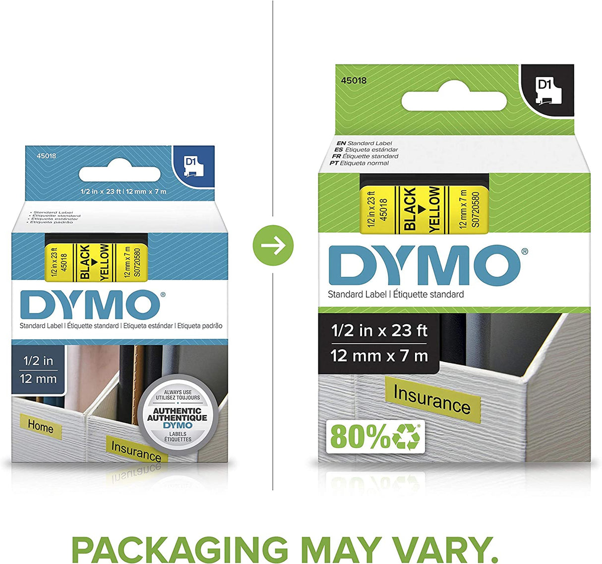 DYMO Standard D1 45018 Labeling Tape ( Black Print on Yellow Tape , 1/2'' W x 23' L , 1 Cartridge) 1/2" Black on Yellow